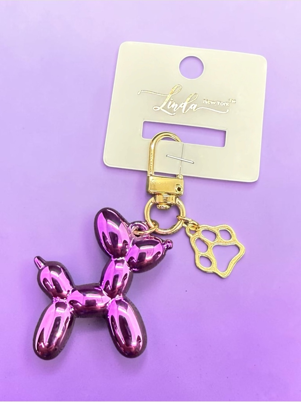 💜Linda New York💜Metallic Purple Balloon Dog Keychain w/Paw Print Charm/NIP